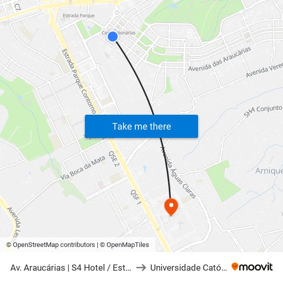 Av. Araucárias | S4 Hotel / Estação Concessionárias to Universidade Católica De Brasília map