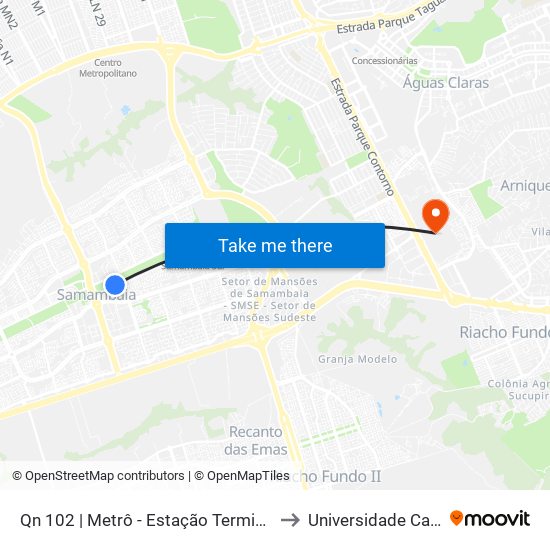 Qn 102 | Metrô - Estação Terminal Samambaia (Lado Oposto) to Universidade Católica De Brasília map