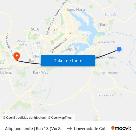 Altiplano Leste | Rua 13 (Via Sucupira / Via Das Acacias) to Universidade Católica De Brasília map