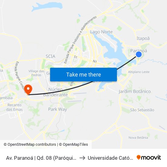 Av. Paranoá | Qd. 08 (Paróquia N. Sra. dos Pobres) to Universidade Católica De Brasília map
