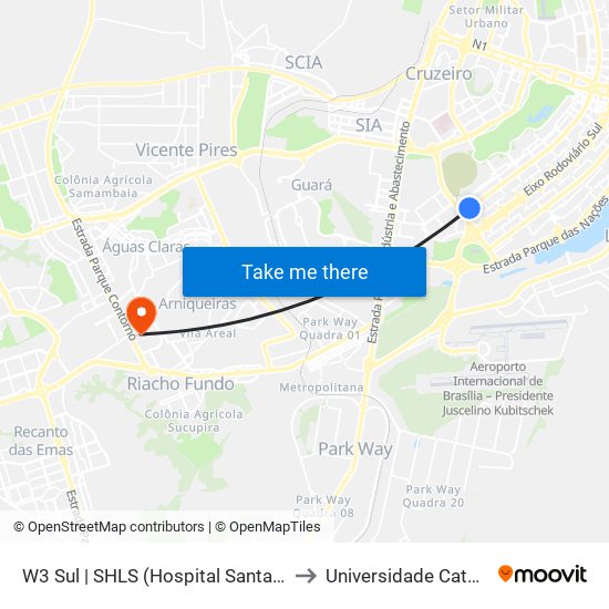 W3 Sul | SHLS (Hospital Santa Lúcia / Pão de Açúcar) to Universidade Católica De Brasília map