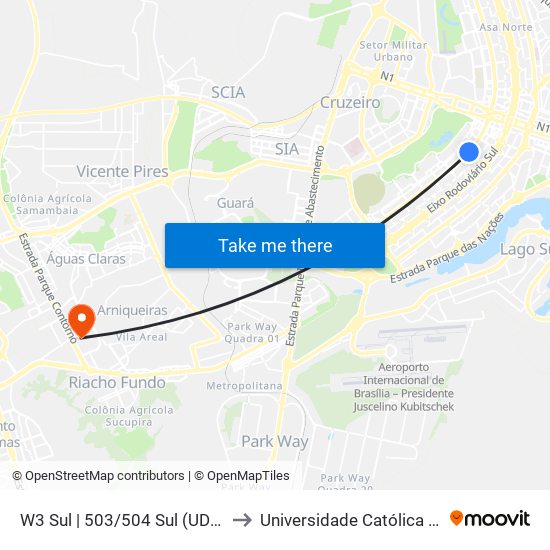 W3 Sul | 503/504 Sul (UDF / Big Box) to Universidade Católica De Brasília map