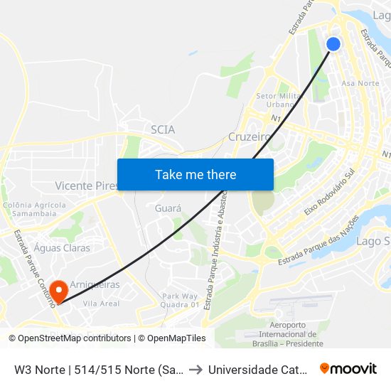 W3 Norte | 514/515 Norte (Santuario São Francisco) to Universidade Católica De Brasília map