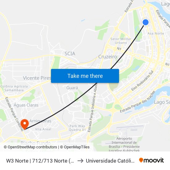 W3 Norte | 712/713 Norte (Carrefour Bairro) to Universidade Católica De Brasília map