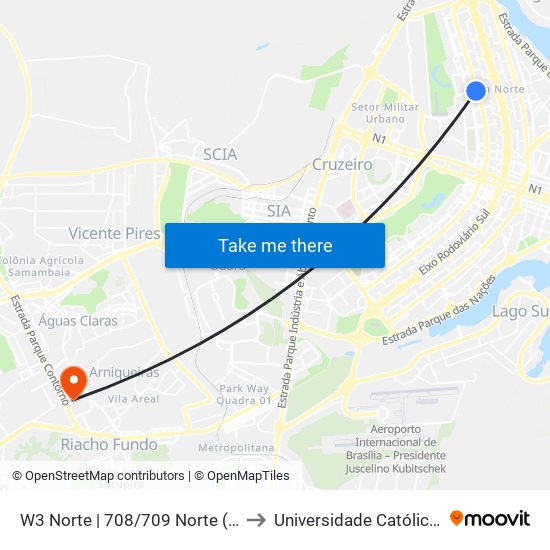 W3 Norte | 708/709 Norte (Pão de Açúcar) to Universidade Católica De Brasília map