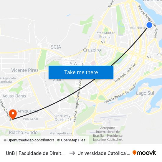 UnB | Faculdade de Direito / ICC Norte to Universidade Católica De Brasília map