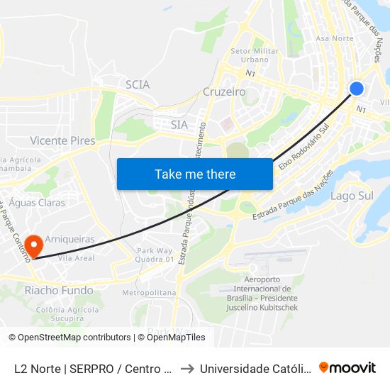 L2 Norte | SERPRO / Centro Cultural de Brasília to Universidade Católica De Brasília map