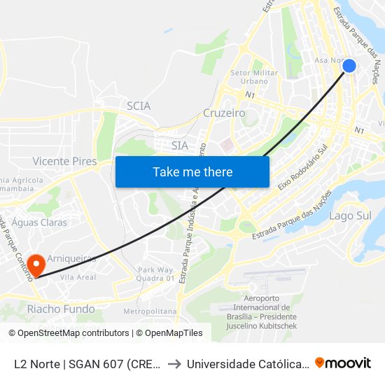 L2 Norte | SGAN 607 (CRE Plano Piloto) to Universidade Católica De Brasília map