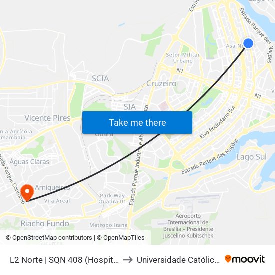 L2 Norte | SQN 408 (Hospital Santa Marta) to Universidade Católica De Brasília map