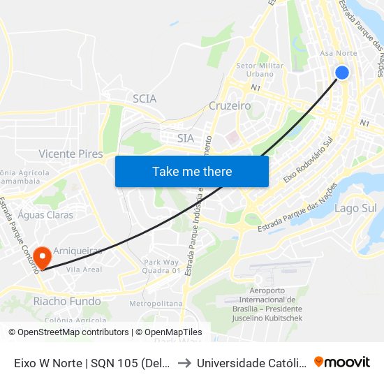 Eixo W Norte | SQN 105 (Delegacia da Criança) to Universidade Católica De Brasília map