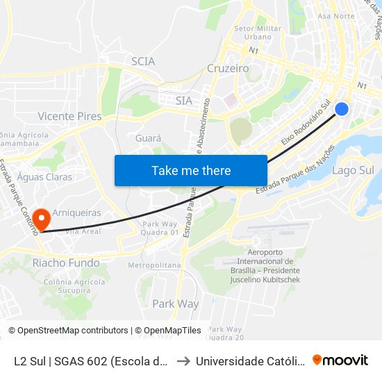 L2 Sul | SGAS 602 (Escola de Música / CESAS) to Universidade Católica De Brasília map