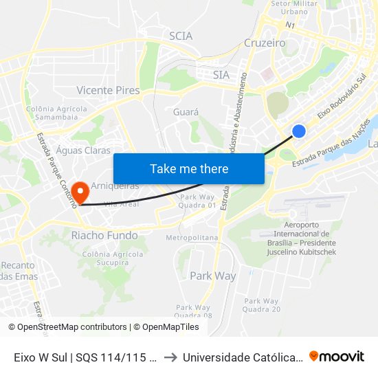 Eixo W Sul | SQS 114/115 (McDonald's) to Universidade Católica De Brasília map