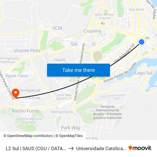 L2 Sul | SAUS (CGU / DATAPREV / INSS) to Universidade Católica De Brasília map