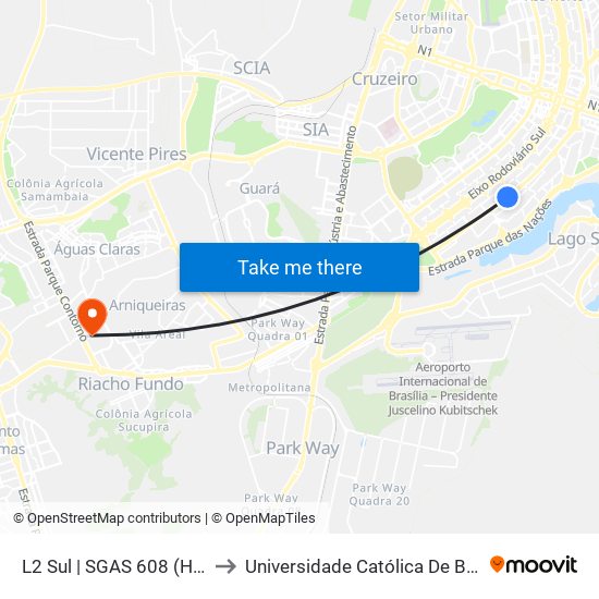 L2 Sul | SGAS 608 (HMIB) to Universidade Católica De Brasília map