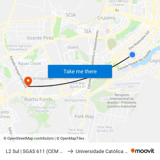 L2 Sul | SGAS 611 (CEM Setor Leste) to Universidade Católica De Brasília map