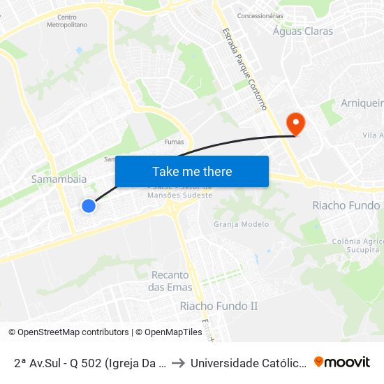 2ª Av.Sul - Q 502 (Igreja Da Barca/Caps Iii) to Universidade Católica De Brasília map
