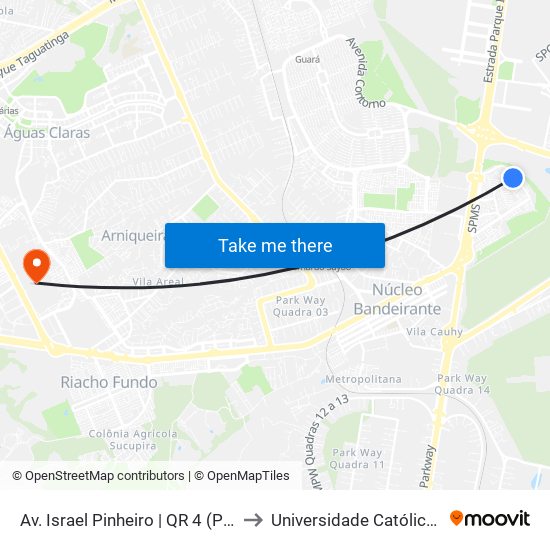 Av. Israel Pinheiro | QR 4 (Pizzaria Aurélio) to Universidade Católica De Brasília map