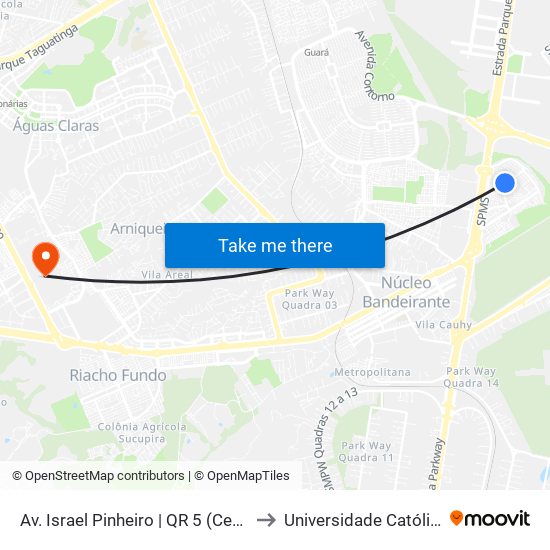 Av. Israel Pinheiro | QR 5 (Centro de Saúde N° 1) to Universidade Católica De Brasília map