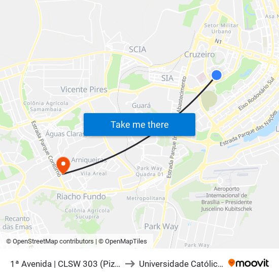 1ª Avenida | CLSW 303 (Pizza Dom Bosco) to Universidade Católica De Brasília map