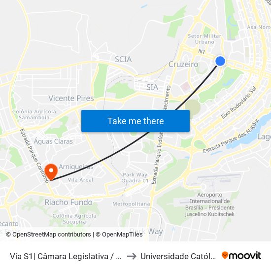 Via S1| Câmara Legislativa / TRE-DF / CLUBE FM to Universidade Católica De Brasília map