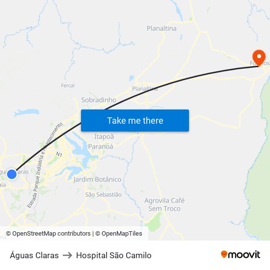 Águas Claras to Hospital São Camilo map