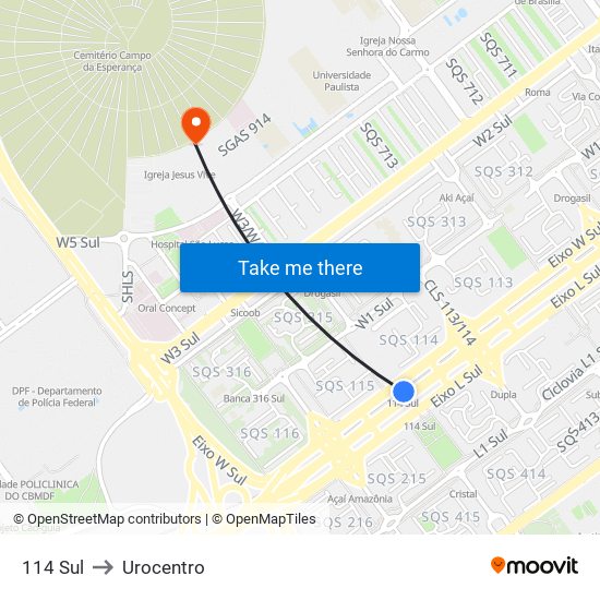 114 Sul to Urocentro map