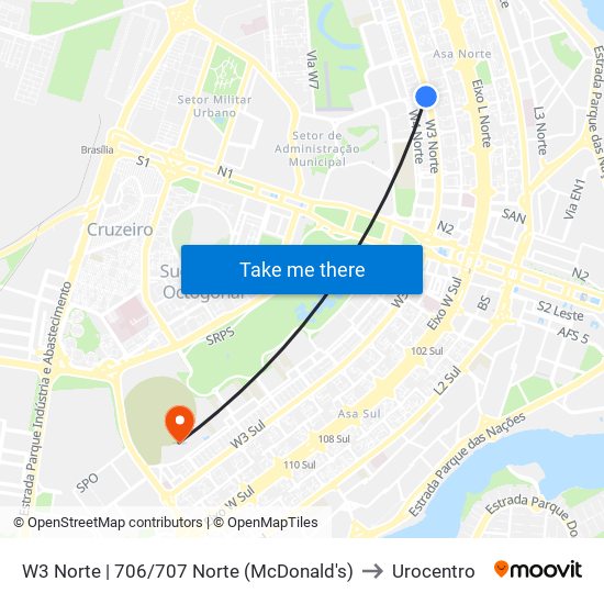 W3 Norte | 706/707 Norte (McDonald's) to Urocentro map