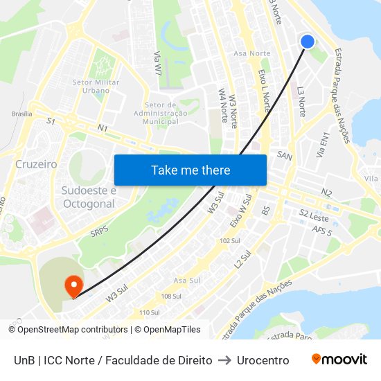 UnB | ICC Norte / Faculdade de Direito to Urocentro map