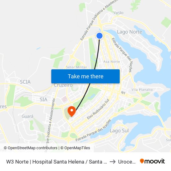 W3 Norte | Hospital Santa Helena / Santa Lúcia Norte to Urocentro map