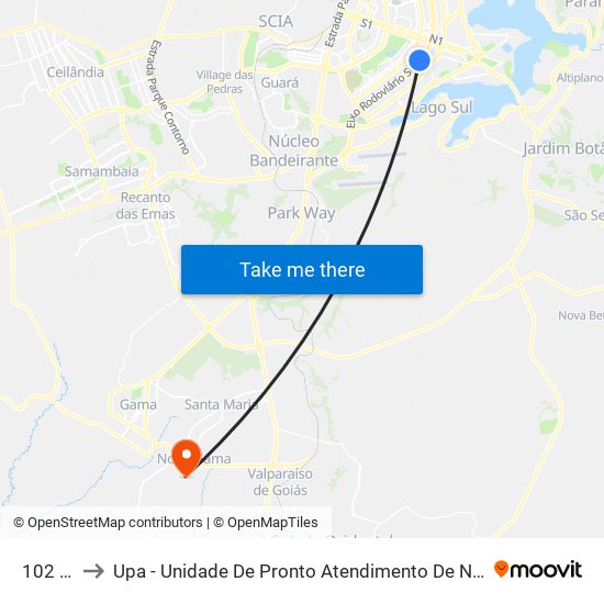 102 Sul to Upa - Unidade De Pronto Atendimento De Novo Gama map