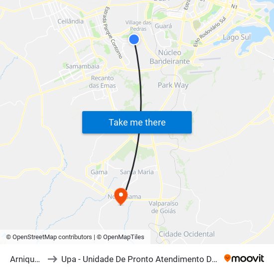 Arniqueiras to Upa - Unidade De Pronto Atendimento De Novo Gama map