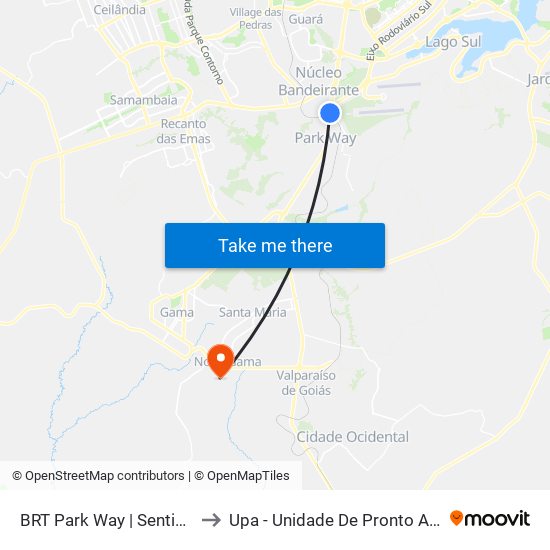 BRT Park Way | Sentido Gama / Santa Maria to Upa - Unidade De Pronto Atendimento De Novo Gama map