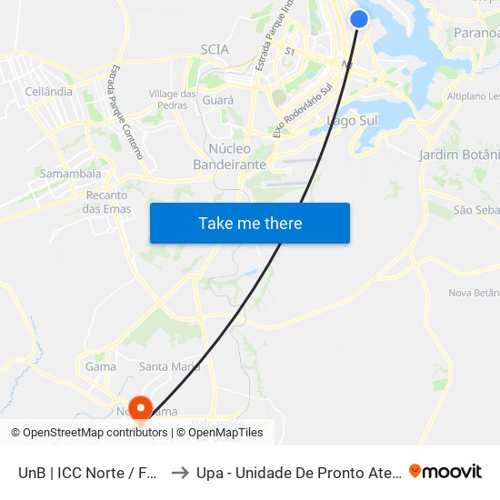 UnB | ICC Norte / Faculdade de Direito to Upa - Unidade De Pronto Atendimento De Novo Gama map