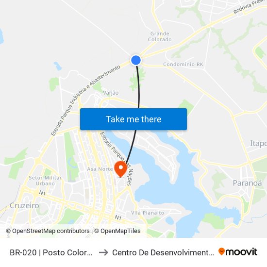 BR-020 | Posto Colorado / Altana Mall to Centro De Desenvolvimento Sustentável - Cds map
