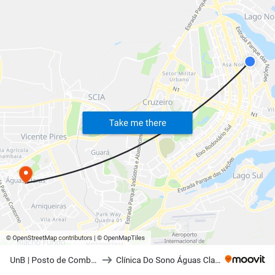 UnB | Posto de Combustíveis / Subway to Clínica Do Sono Águas Claras - Taguatinga - Df map