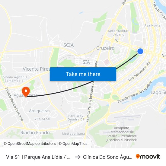 Via S1 | Parque Ana Lídia / Nicolandia / Eixo Ibero-Americano to Clínica Do Sono Águas Claras - Taguatinga - Df map