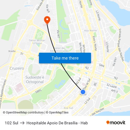 102 Sul to Hospitalde Apoio De Brasília - Hab map