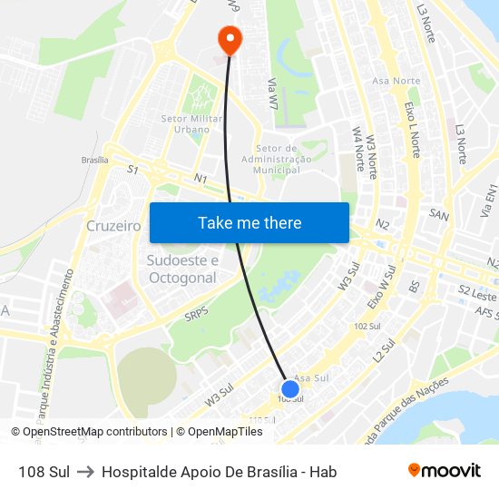 108 Sul to Hospitalde Apoio De Brasília - Hab map