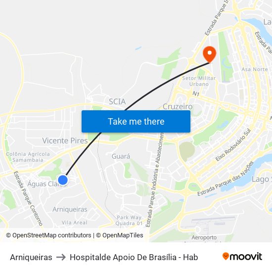 Arniqueiras to Hospitalde Apoio De Brasília - Hab map