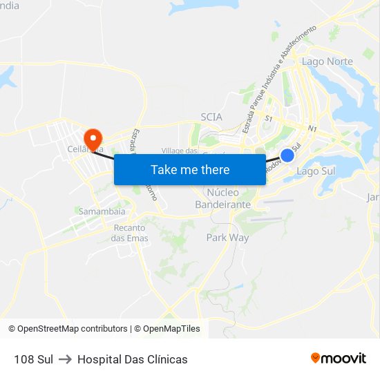 108 Sul to Hospital Das Clínicas map