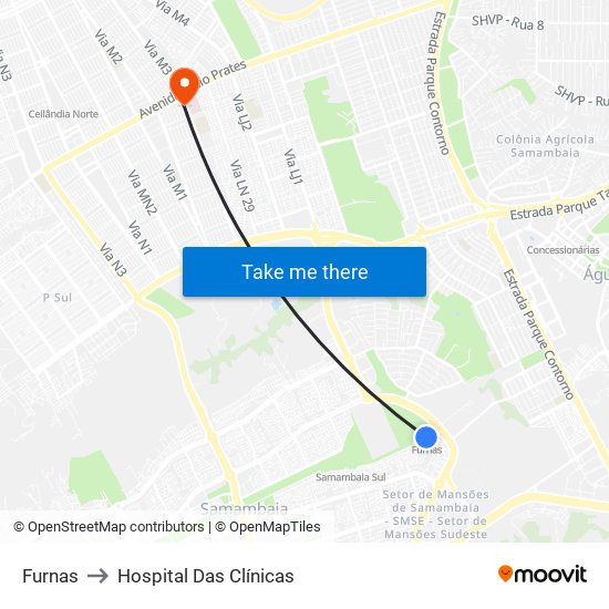 Furnas to Hospital Das Clínicas map