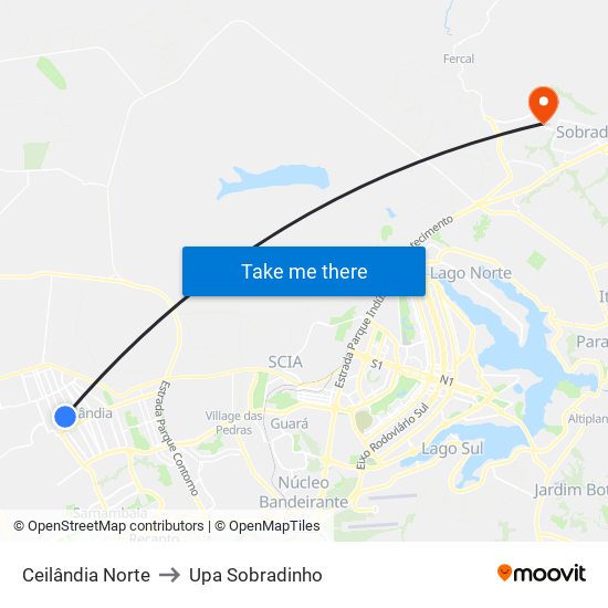 Ceilândia Norte to Upa Sobradinho map