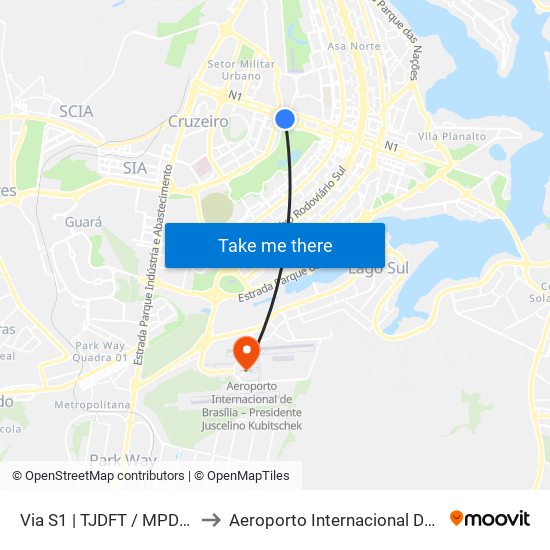 Via S1 | TJDFT / MPDFT / Palácio do Buriti to Aeroporto Internacional De Bras[Ilia - Presidente Jk map