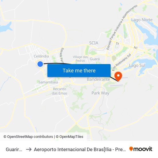 Guariroba to Aeroporto Internacional De Bras[Ilia - Presidente Jk map