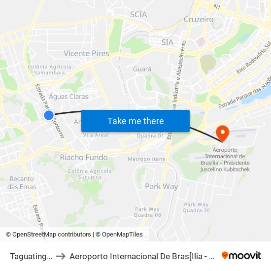 Taguatinga Sul to Aeroporto Internacional De Bras[Ilia - Presidente Jk map