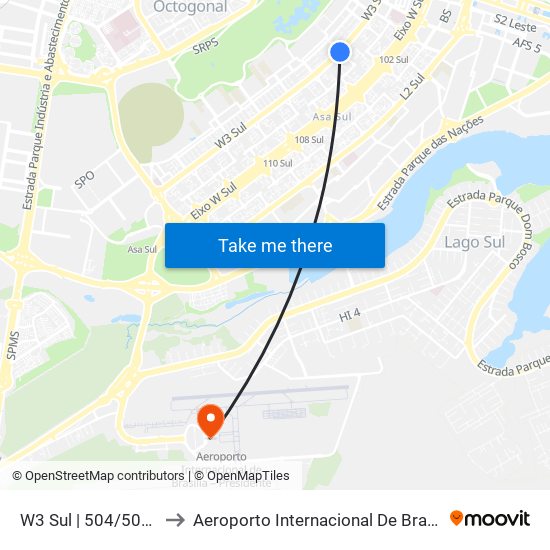 W3 Sul | 504/505 Sul (SESC) to Aeroporto Internacional De Bras[Ilia - Presidente Jk map
