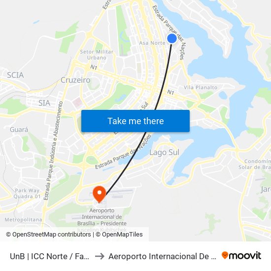 UnB | ICC Norte / Faculdade de Direito to Aeroporto Internacional De Bras[Ilia - Presidente Jk map