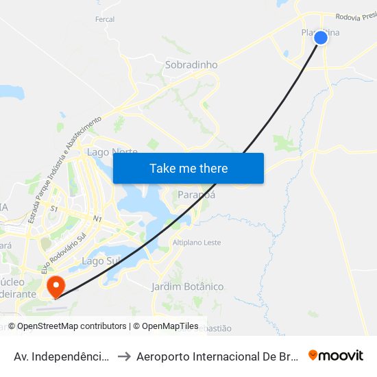 Av. Independência | Rodoviária to Aeroporto Internacional De Bras[Ilia - Presidente Jk map