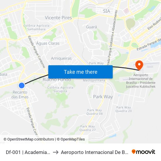 Df-001 | Academia Da Polícia Civil to Aeroporto Internacional De Bras[Ilia - Presidente Jk map
