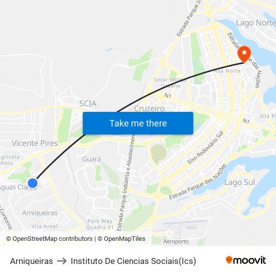 Arniqueiras to Instituto De Ciencias Sociais(Ics) map